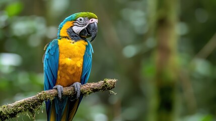 Obraz premium Blue-and-gold macaw perched on branch, rainforest background, wildlife photography, nature