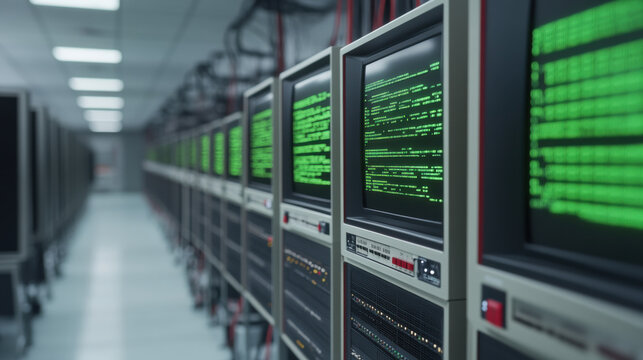 Vintage server room with CRT monitors displaying green text and data