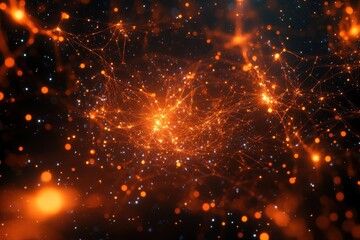 Naklejka premium Abstract orange network, glowing nodes and connections. Ideal for tech, AI, or connectivity concepts, evokes innovation and progress.
