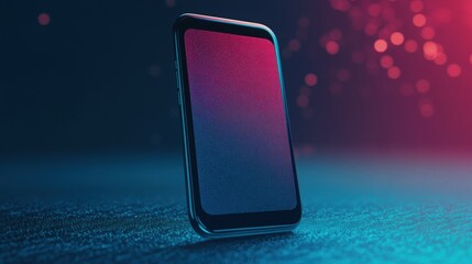 A sleek mobile phone with a vibrant, glittering screen illuminated by colorful light reflections in a dark setting