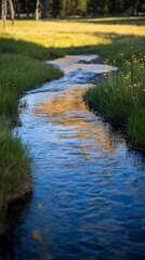 Sunny Creek Reflecting Trees in Meadow