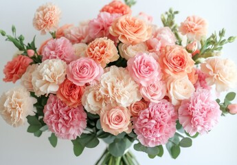 Obraz premium Beautiful bouquet of mixed roses and carnations in soft pastel colors arranged elegantly for floral decoration or event styling
