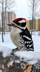 Naklejka premium Snowy woodpecker on branch, urban park, winter