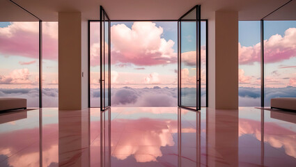 Fototapeta premium Inside the spacious and simple pink building with a fantastic atmosphere of pink and blue skies and cloud
