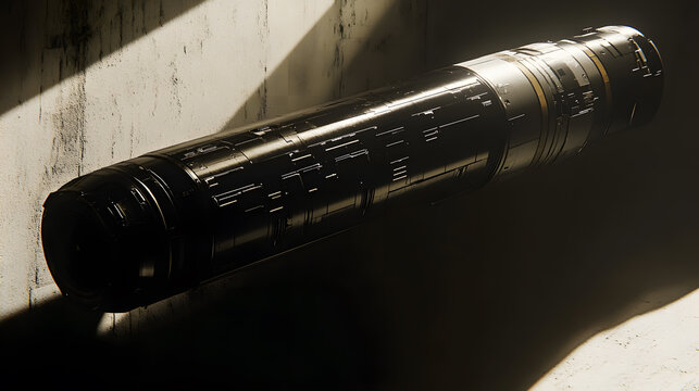 A sleek, dark metallic cylinder with intricate detailing rests against a textured wall, bathed in dramatic light and shadow.