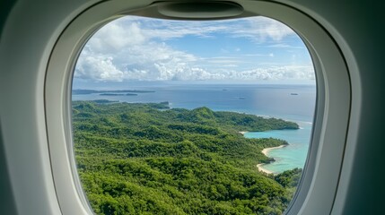 Naklejka premium Aerial View of Tropical Islands and Ocean Through Airplane Window
