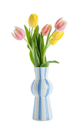 Vase with beautiful tulip flowers on white background