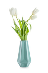 Vase with beautiful tulip flowers on white background