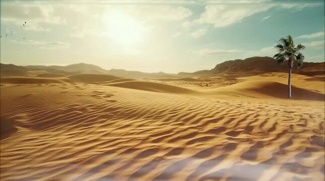 Golden desert dunes under the sun with a lone palm tree. Seamless looping time lapse 4k video animation background