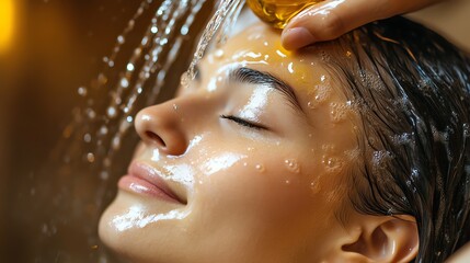Image of facial cleansing oil A woman is massaging facial cleansing oil all over her face in the first step of cleansing, helping to dissolve dirt and makeup residue