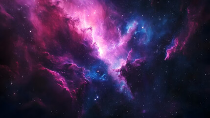 A breathtaking cosmic landscape of vibrant pink and blue nebulae, scattered with glittering stars against a dark backdrop. Perfect for science fiction, fantasy, or space-themed projects.
