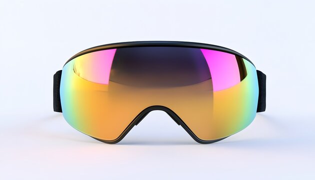 Colorful ski goggles reflect light on a pristine white background