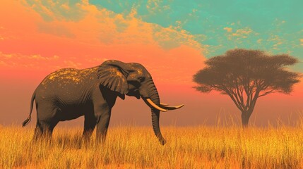 Naklejka premium Elephant is walking in the savannah at sunset, with an acacia tree in the background and a beautiful orange and teal sky, creating a stunning african landscape