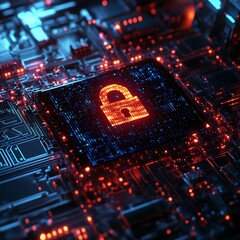 Obraz premium Cyber security chip, digital lock, data protection