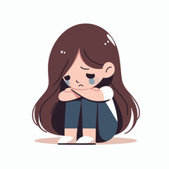 An emotional illustration of a sad woman sitting alone, conveying feelings of sorrow and loneliness. Perfect for mental health awareness campaigns, heartbreak-related content.