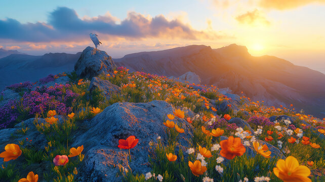 Wildflowers blooming on rocky slopes of Pico de la Zarza at sunrise in Fuerteventura