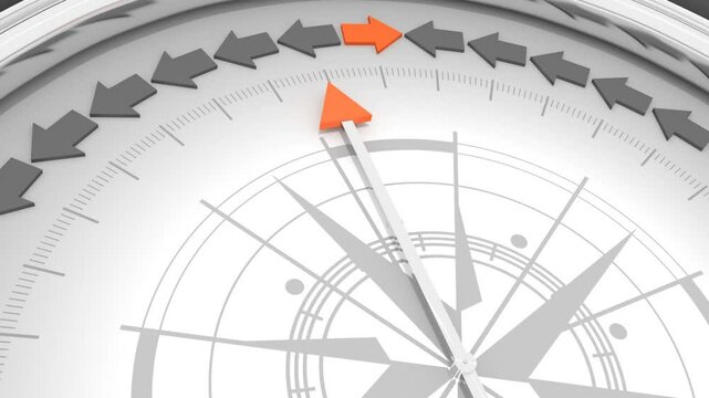 Direction individuality and independent thinking concept as a group of directional arrow with one individual pointing in the opposite way as a business icon for innovative solution. Compass. 3D render