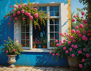window with flowers in blue wall
