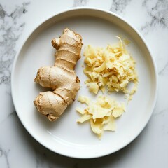 Fresh ginger root and shavings on white marble kitchen surface