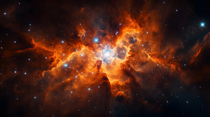 Fototapeta premium Fiery orange nebula in deep space, glowing with intense light. Scattered stars shine brightly against the dark background. A cosmic spectacle of immense energy and beauty.
