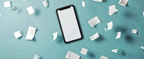 3D render of a smartphone with a blank white screen in hand, fly