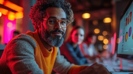 Obraz premium Designer smiling, office teamwork, night, charts