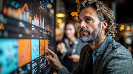 Man analyzing data on large screen, colleagues blurred background, business meeting, stock photo