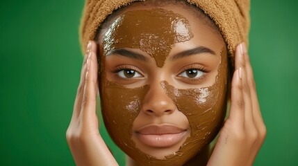 Young Woman Applying Brown Sparkly Face Mask Against Green Background