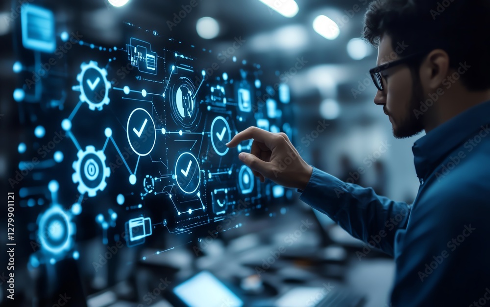 Poster Modern business process automation workflow with a businessman interacting with checkmark icons, interconnected gears, and digital flowcharts in a hightech office