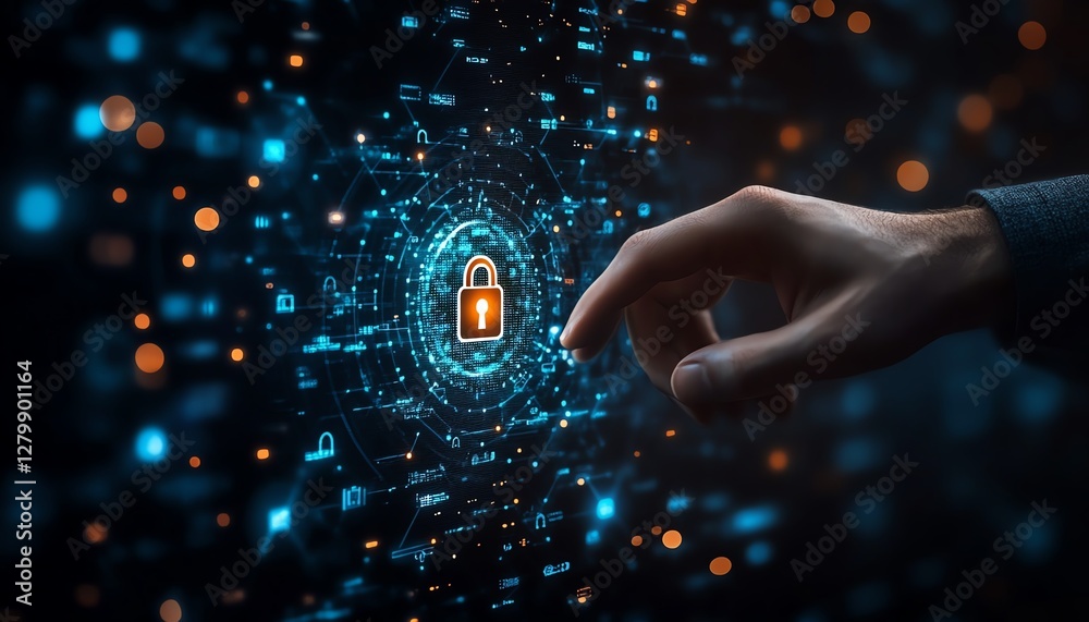 Leinwandbilder Modern internet security system with a businessman touching a glowing padlock icon, securing customer information and personal data in a digital landscape