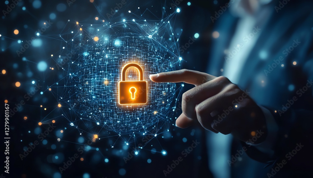Fototapete modern internet security system with a businessman touching a glowing padlock icon, securing custome