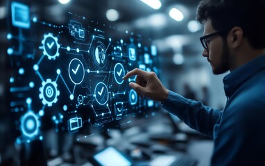 Modern business process automation workflow with a businessman interacting with checkmark icons, interconnected gears, and digital flowcharts in a hightech office