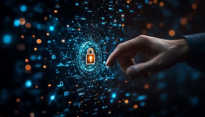 Modern internet security system with a businessman touching a glowing padlock icon, securing customer information and personal data in a digital landscape