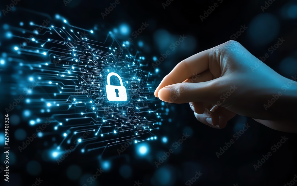 Poster Network security concept, hand pressing a digital padlock icon on a network structure, illustrating encryption and secure connections in modern technology