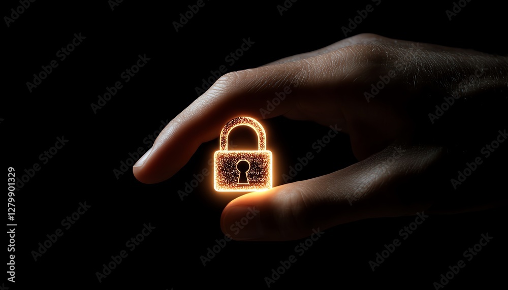 Aufkleber Secure network structure, hand pressing a glowing padlock icon, representing encryption technology and protection of sensitive data in digital systems