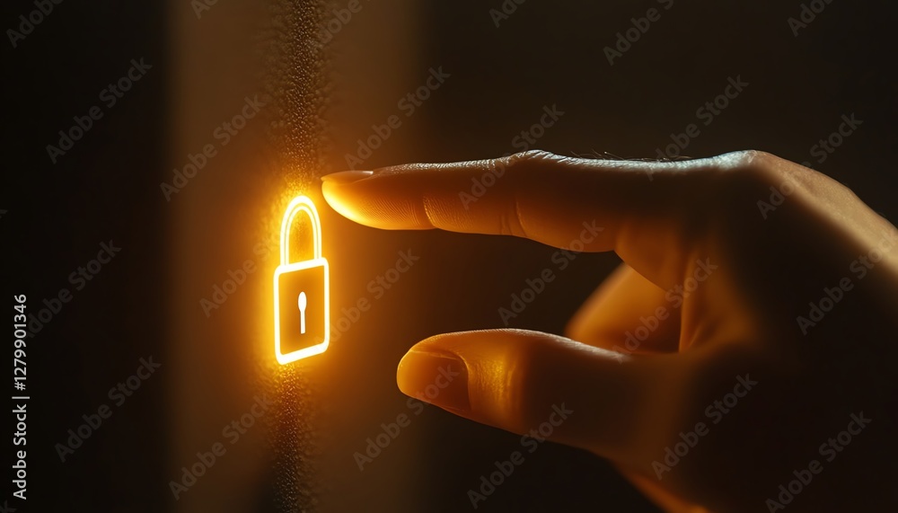 Poster Secure network structure, hand pressing a glowing padlock icon, representing encryption technology and protection of sensitive data in digital systems