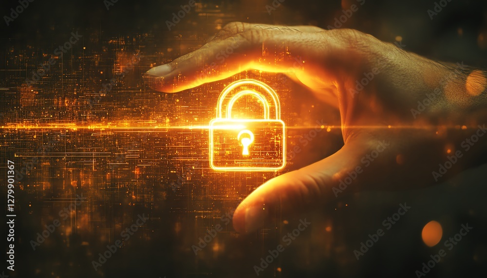 Poster secure network structure, hand pressing a glowing padlock icon, representing encryption technology a