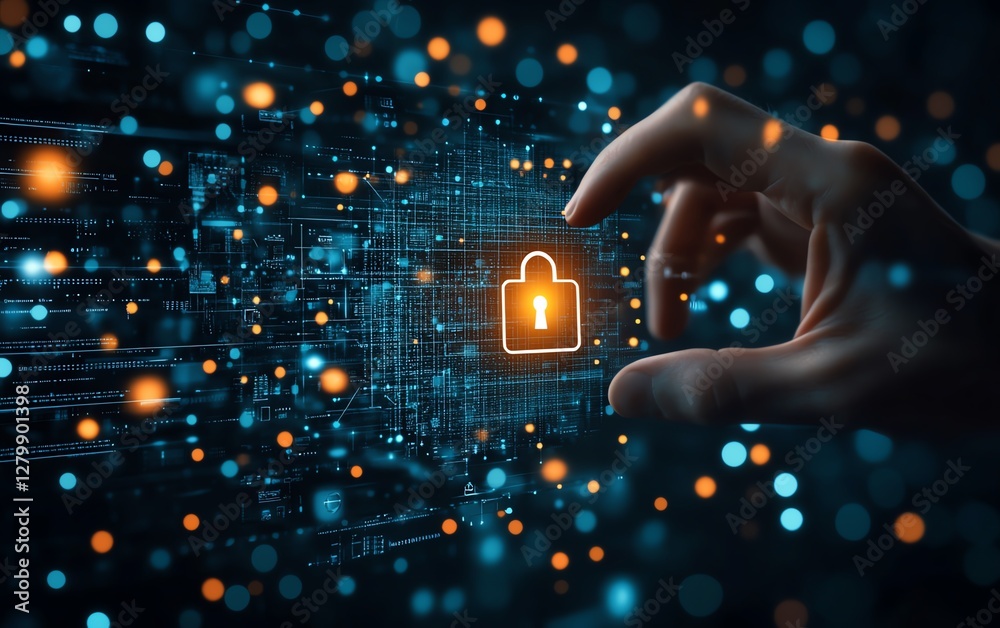 Aufkleber Security of network and internet server, hand touching a glowing padlock icon on a secure network structure, representing encryption and connectivity in digital protection