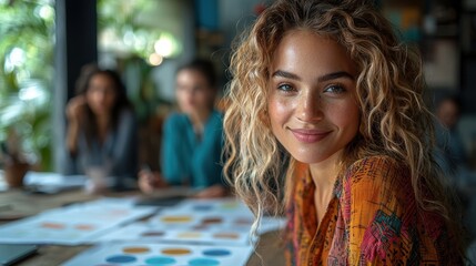 Confident woman smiles, team meeting, cafe, design project