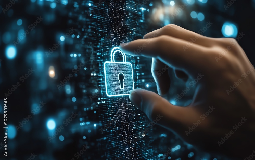 Poster Digital padlock icon, businessman touching it to secure customer information and protect personal data in an advanced internet security system