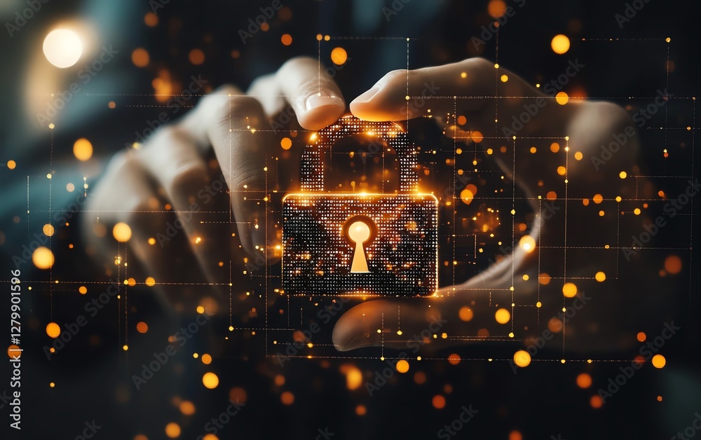 Poster Digital padlock icon, businessman touching it to secure customer information and protect personal data in an advanced internet security system