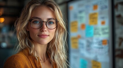 Woman, blonde, glasses, office, notes, portrait, marketing, work