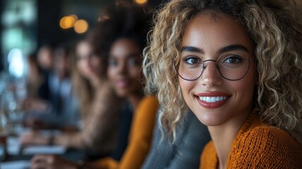 Confident woman smiles, friends blurred background, cafe setting, business meeting