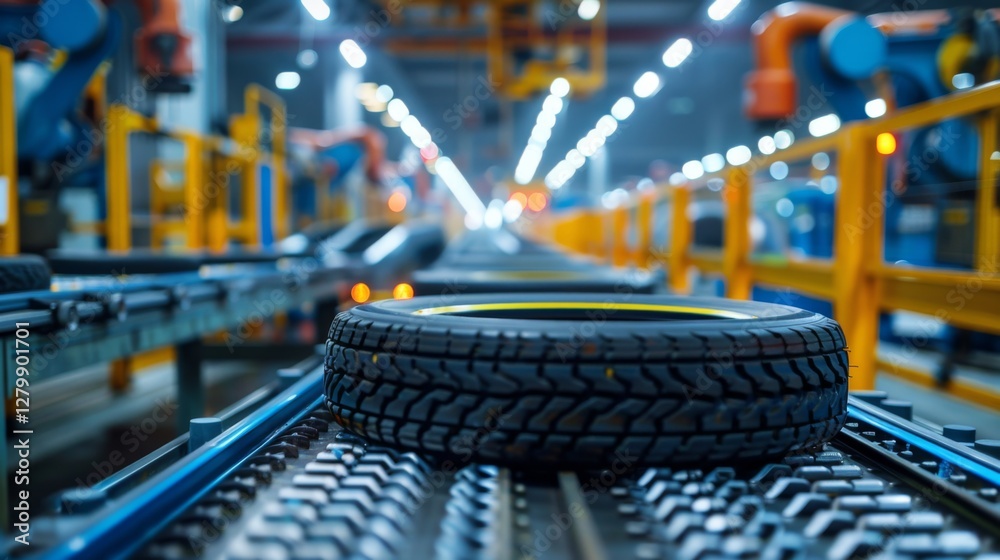 Poster a tire rests on a conveyor belt in a high tech manufacturing facility filled with robotic arms and b