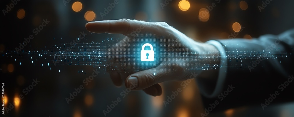 Poster Futuristic internet security system, businessman touching a padlock icon to protect customer information and personal data, sleek and professional design