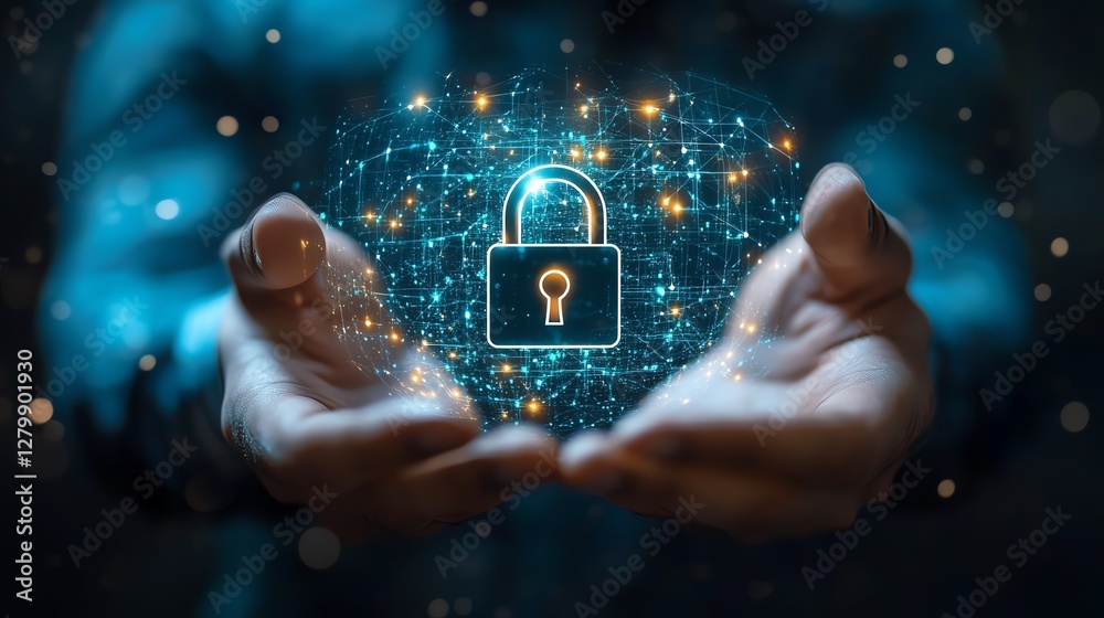 Leinwandbilder Hightech internet security system with a businessman securing customer data using a padlock icon, symbolizing personal information protection