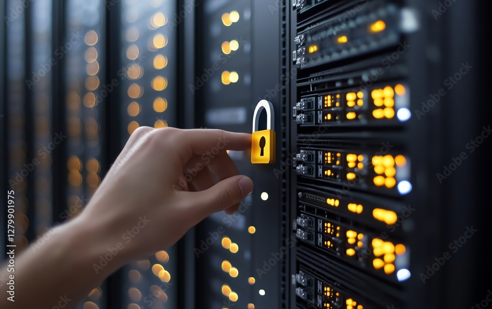 Aufkleber internet server security with hand touching padlock icon on encrypted network structure, representin