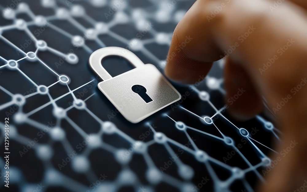 Poster Internet server security with hand touching padlock icon on encrypted network structure, representing strong protection and secure data transmission