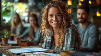 Woman smiling, friends cafe, studying, background blurred, teamwork