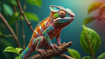 Obraz premium A cute chameleon sitting on a branch, highly detailed 3D rendering, vibrant colors